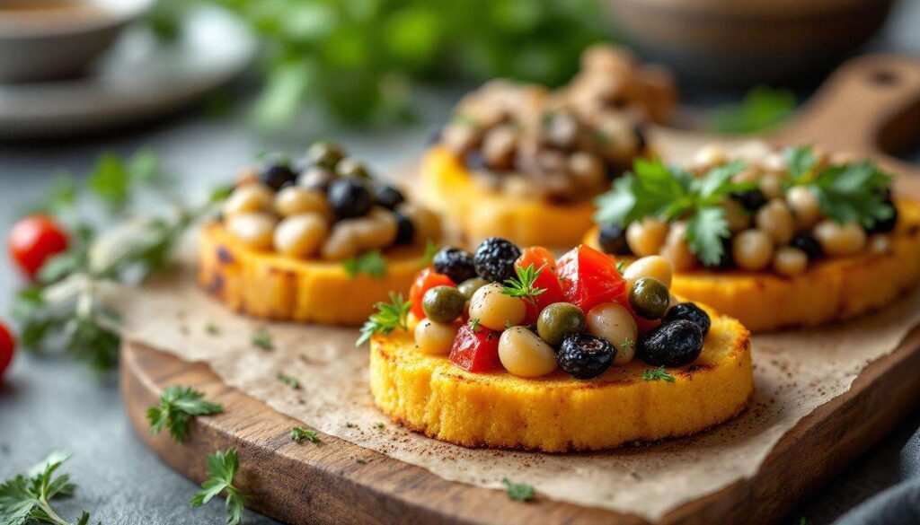 Crostini di polenta grigliata: base croccante e 3 farciture da aperitivo