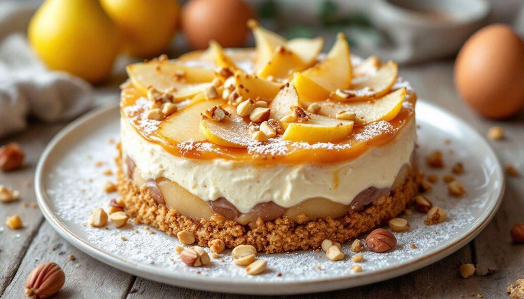 Torta ricotta e pere con base alle nocciole, da servire fredda